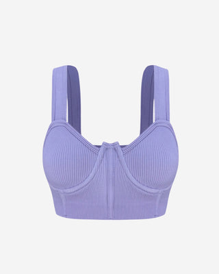 Front view of the women’s brami top in periwinkle, showcasing the structured bust detailing, wide shoulder straps, and cropped silhouette.