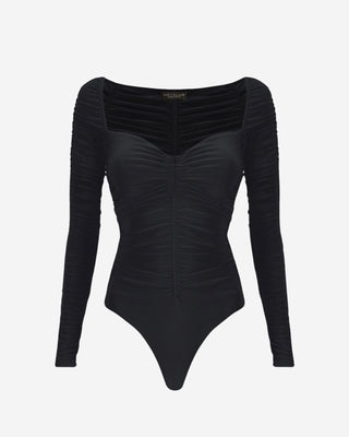 Elegant black long sleeve bodysuit featuring front ruching, a sweetheart bust, and a sleek second-skin fit