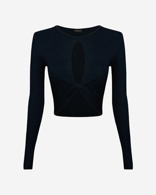 Black ribbed cutout crop top with a round neckline and short sleeves.