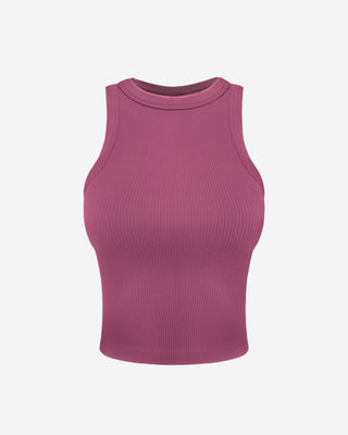 Pink ribbed crop top for women featuring a sleeveless high-neck design, soft stretch fabric, and a flattering fitted silhouette for layering and everyday wear