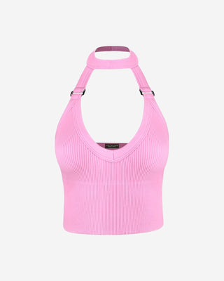 Pink ribbed crop top with silver buckles and a deep v neck.