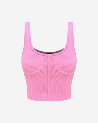 Blush pink structured tank top in vertical rib knit with shaping seams and a square scoop neckline, shown flat from the front.