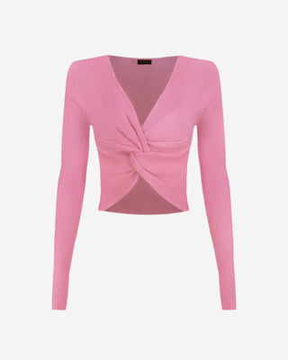 Pink long sleeve twist front crop top with deep V-neckline, fitted silhouette, ribbed knit texture, and cropped hem for casual chic and going-out style