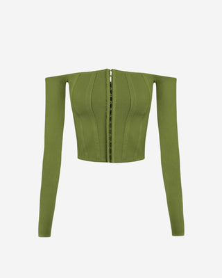 Olive green ribbed corset crop top with an off-the-shoulder neckline, long sleeves, contour seams, and hook-and-eye front fastening
