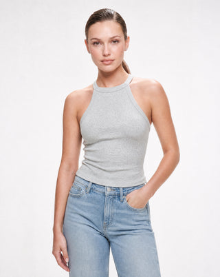 Women's heather gray high neck racerback tank top with a fitted sleeveless silhouette and soft stretch fabric styled with light wash high waisted jeans