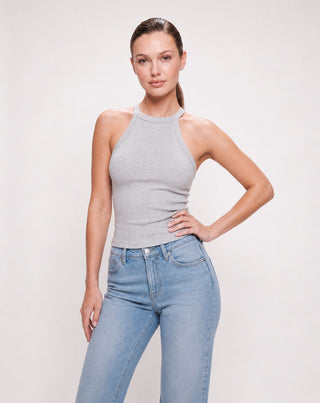 Women's heather gray high neck racerback fitted tank top in soft stretch knit fabric paired with light wash denim for a casual everyday look