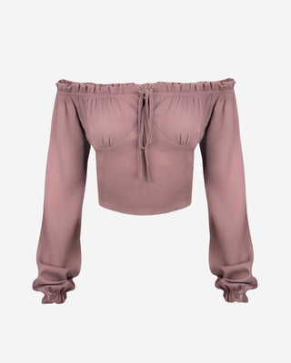 Dusty mauve off-shoulder crop top for women featuring a ruched bust, adjustable tie-front detail, long elastic cuff sleeves, and a flattering fitted silhouette for day-to-night styling