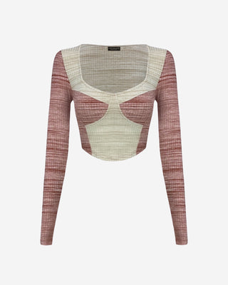 A two-tone crop top in rust and taupe colors with a patch detail, sweetheart neckline, and medium stretch fabric.