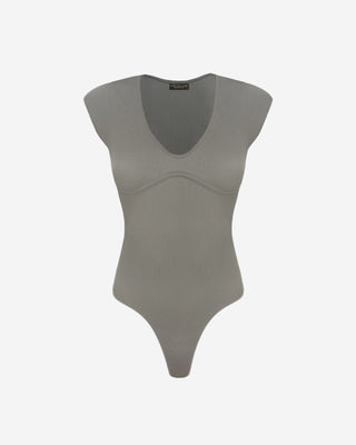 Smoke gray cap sleeve ribbed bodysuit with a flattering scoop neckline, contour underbust seam, and body-hugging stretch fit