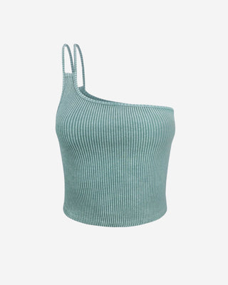 A seafoam green, ribbed, sleeveless crop top with double straps.