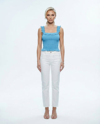 Smocked ruffle tank top for women featuring a square neckline, ruffled shoulder straps, and a fitted silhouette, styled on a model against a white studio background.