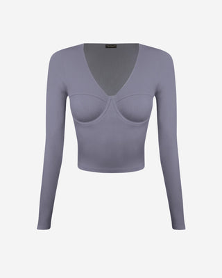 Slate gray ribbed long sleeve bodysuit for women with a flattering V-neck, structured bust detailing, stretch fit fabric, and sleek body-contouring design