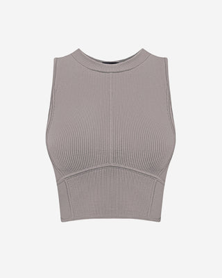 Front view of the women’s ribbed crop top, showcasing the high neckline, contoured seam design, and cropped silhouette.