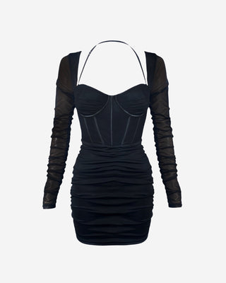 A black halter mini dress with mesh sleeves and a ruched bodice, displaying a sheer pattern design.