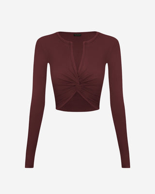 Burgundy ribbed long sleeve crop top with a twist front, V-neckline, front cutout, and soft stretch fitted silhouette for women's fashion
