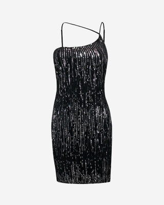 Front view of a black women’s sequin mini dress highlighting an asymmetrical one-shoulder neckline, body-hugging fit, and sleek mini length.