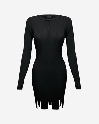 Front view of a black women’s ribbed sweater dress highlighting long sleeves, a body-hugging fit, and distinctive front cutout hem detail.