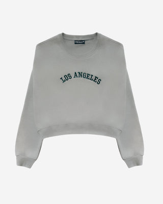 Vintage grey Los Angeles sweatshirt for women featuring embroidered varsity-inspired lettering, cropped hem, crew neckline, dropped shoulders, and relaxed oversized silhouette
