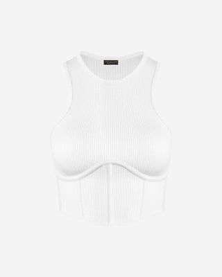 White ribbed crop top for women featuring a high neckline, sleeveless design, corset-inspired structure, contour seam detailing, and a sleek fitted silhouette perfect for casual and dressy outfits
