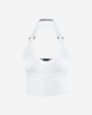 White ribbed crop top with silver buckles and a deep v neck.