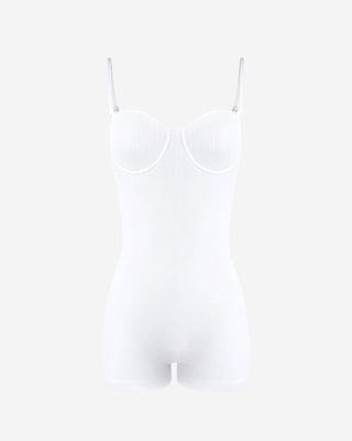White fitted romper featuring ribbed stretch fabric, adjustable straps, built-in bust support design, and comfortable second-skin fit for casual styling