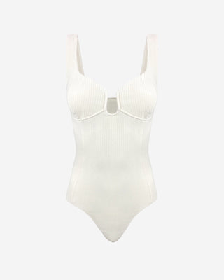 White ribbed scoop neck bodysuit with molded bust cups, wide straps, and a minimalist front keyhole cutout, shown on a ghost mannequin against a neutral studio background.