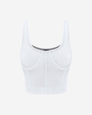 Front view of a white ribbed sleeveless top featuring contoured bust seams and a fitted silhouette.