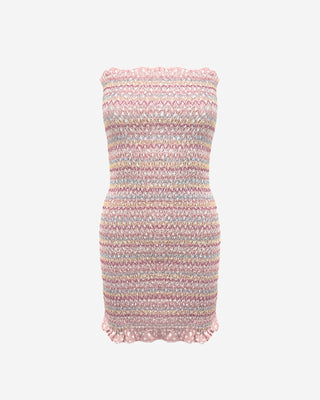 Pastel multicolor smocked woven mini dress shown from the front, designed with a strapless neckline, stretchy smocked construction, subtle ruffle trim at the hem, and a body-hugging fit.