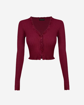 A wine-colored, long-sleeved, button-down bodycon knit top with ruffled seams and a V-neck.