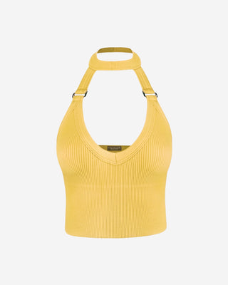 Yellow ribbed crop top with silver buckles and a deep v neck.