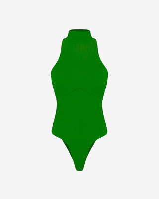 Green ribbed mock neck bodysuit with a sleeveless design, high neckline, sculpting stretch fit, and underbust contour seam for women's fashion