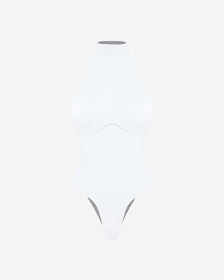 White ribbed mock neck bodysuit featuring a sleeveless high neckline, sculpting stretch fabric, and underbust seam detail for a sleek modern silhouette